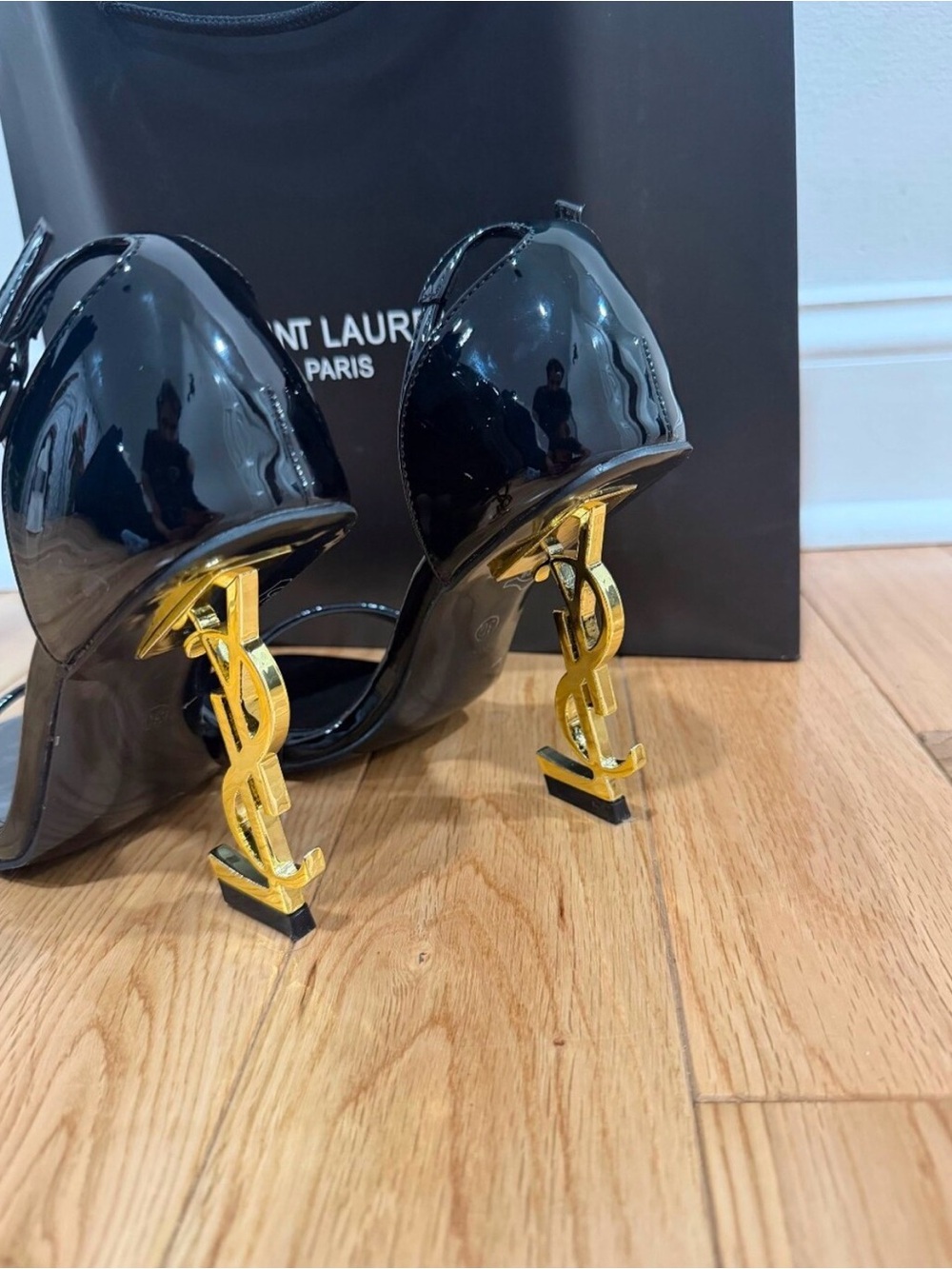 Saint Laurent Black Patent Sandal with Gold YSL Logo Heel - Picture 10 of 11